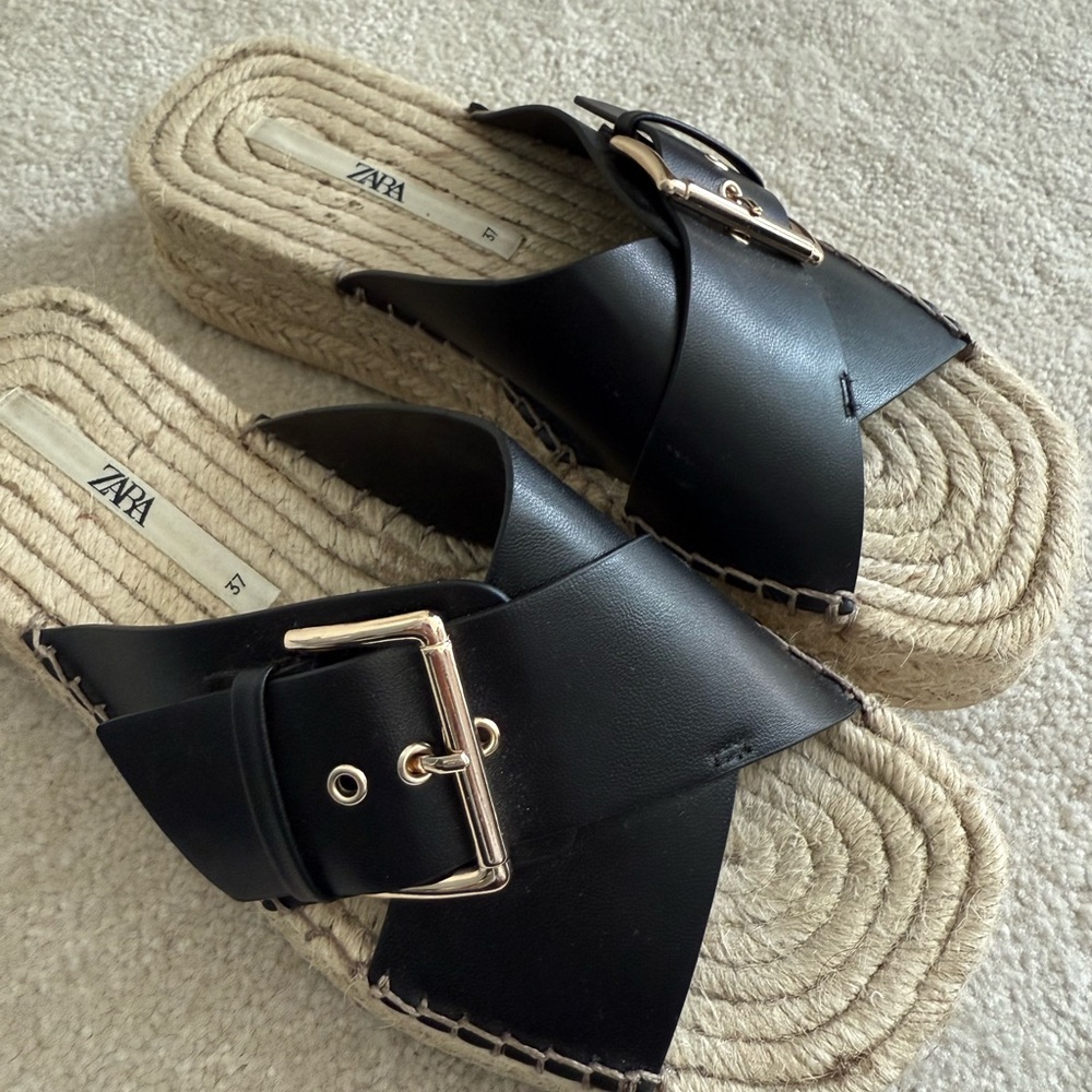 Zara Black Leather Espadrille Slides